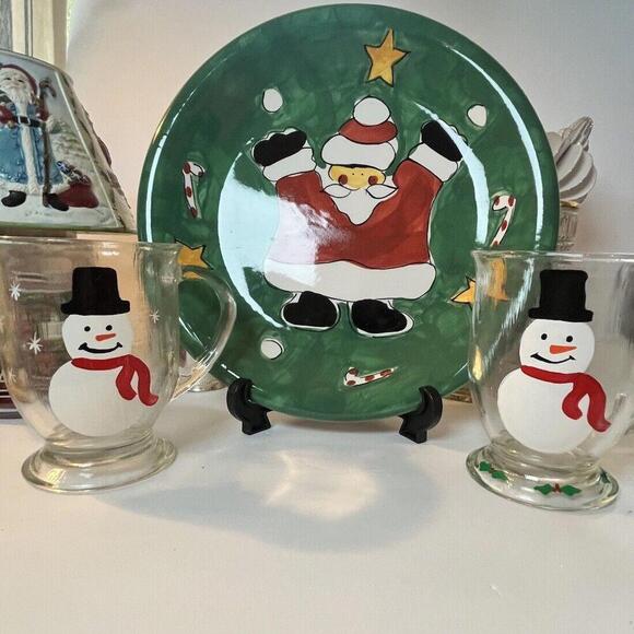Gibson Christmas Santa Cookie Plate & Anchor Hocking Snowmen Cups Hostess Set - Picture 6 of 9